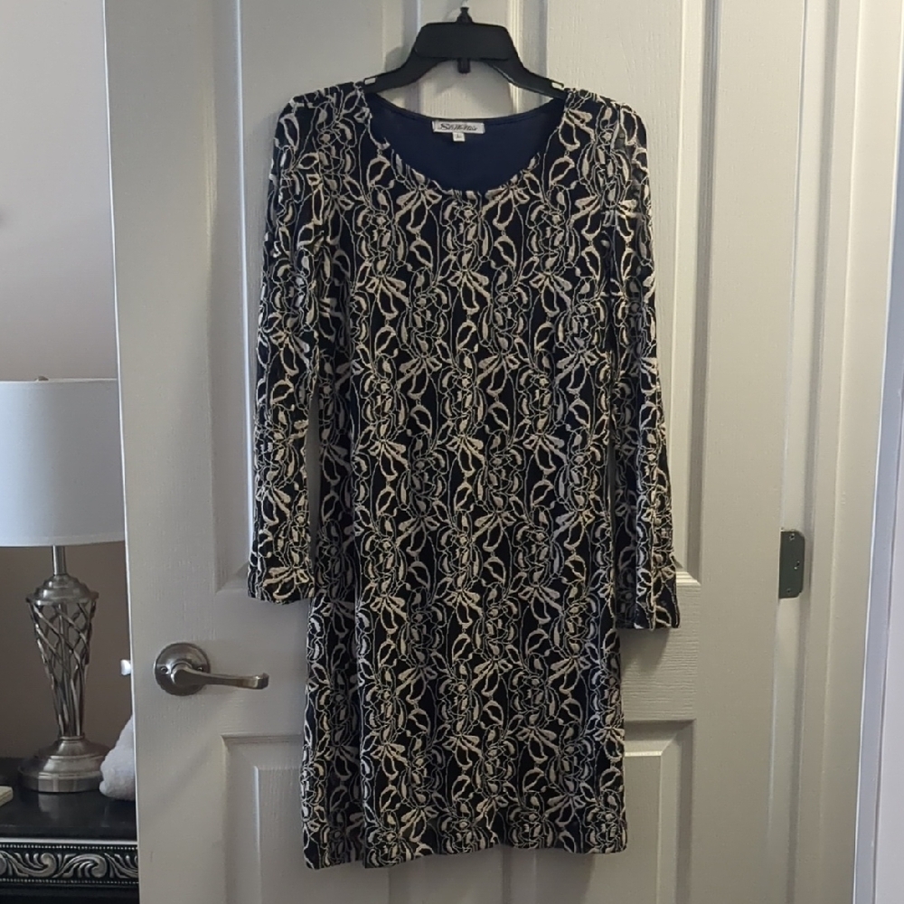 Stiletto Navy and White Long Sleeve Dress Lacec With Stretch